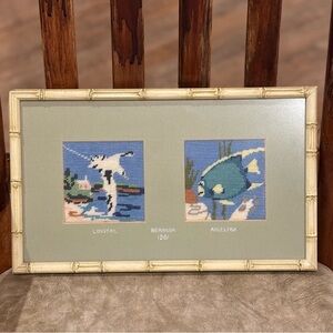 1981 Bermuda Needlepoint Longtail and. Angelfish in Bamboo Frame